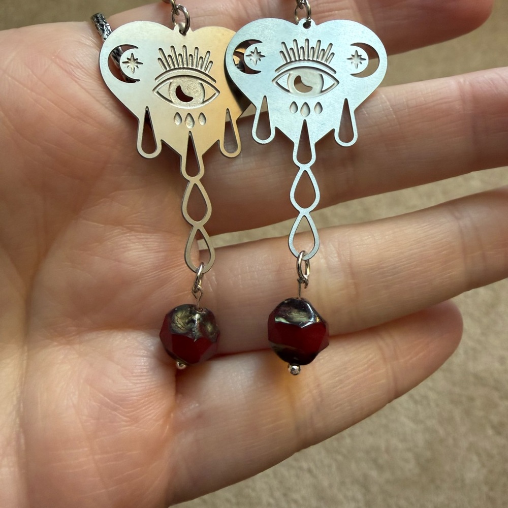Mystical Silver and Red Eye Earrings